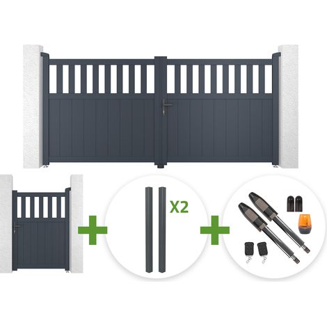 Portail battant 3m SANTIS H.140cm aluminium gris + 4 poteaux ELDA + Portillon 1m SANTIS H.140cm aluminium gris + motorisation Tanker B700 (1/5)