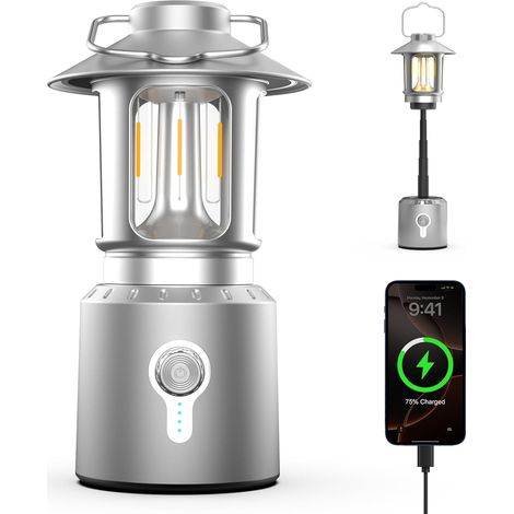 LED Camping Lanterne, 8000mAh Camping Lumières rechargeables avec 3 modes de lumière, imperméable et résistant aux chocs Lumières de tente, Batterie Lanterne, argenté