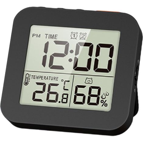 Horloge de salle de bain, salle de bain numérique douche minuterie, cuisine murale avec réveil, portable étanche tactile minuterie, thermomètre intérieur, hygromètre, noir (1/5)