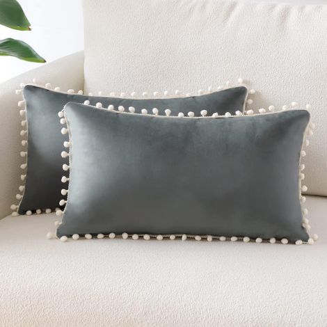 (30x50 Cm, Gris Fonc)lot De 2 Housses De Coussin Dcoratives En Velours Doux Pompons Taies D'oreiller Dcoration D'intrieur Housse Coussins Pour Can (1/5)