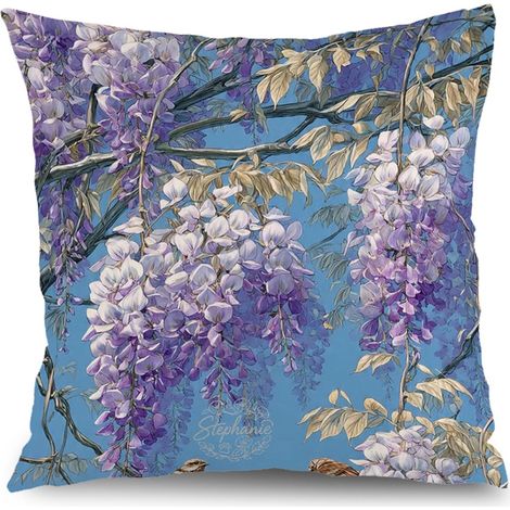 Housse de coussin feuilles fleurs bleu rose jaune, décoration salon canapé,40×40cm (1/5)