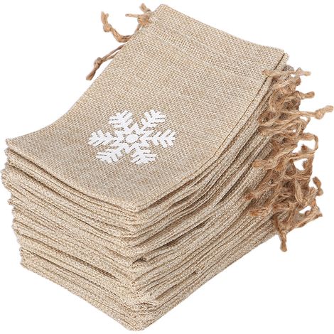 Lot de 25 Pochettes Cordon Couleur Lin Motif Flocon Cadeau Noël Mariage Fête DIY Artisanat (1/5)