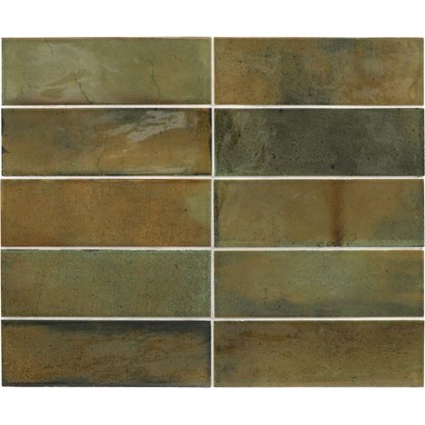 Carrelage mural faïence effet rustique 20x6.5cm Wild olive – Brillant poli – Pour espaces humides – Boîte de 0.50 m2 – Equipe