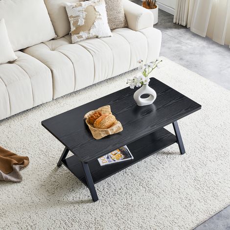Table basse industrielle moderne avec étagère de rangement, structure en bois noir et métal, 110 x 57 x 44,5 cm, idéale pour le salon, le bureau, les appartements et les petits espaces. (1/5)