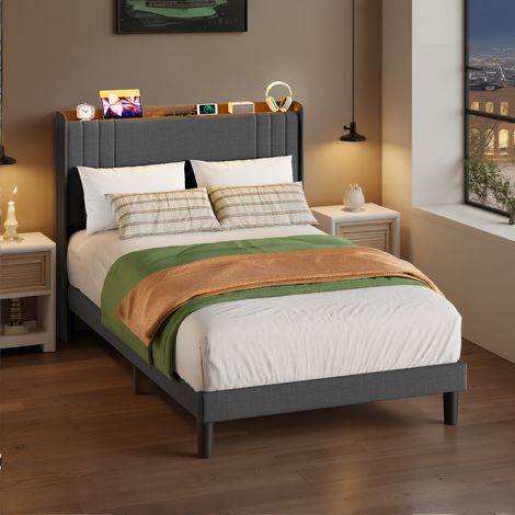 Lit Simple Capitonné 120 x 200 cm avec Prise et Tête de Lit LED Réglable Rangement Bealife Sommier à Lattes Tissu en Lin Lit Enfant Adolescent Gris Foncé