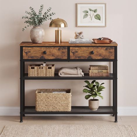 Table Console, 2 Tiroirs en Tissu, 2 Étagères Grillagées, Bout de Canapé Fin, pour Couloir, Salon, Marron