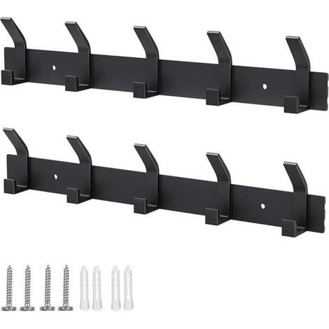 Perchero de pared, Perchero de 2 piezas con 5 ganchos, Perchero de pared, Perchero de pared sin taladrar, baño y dormitorio (negro) (1/5)