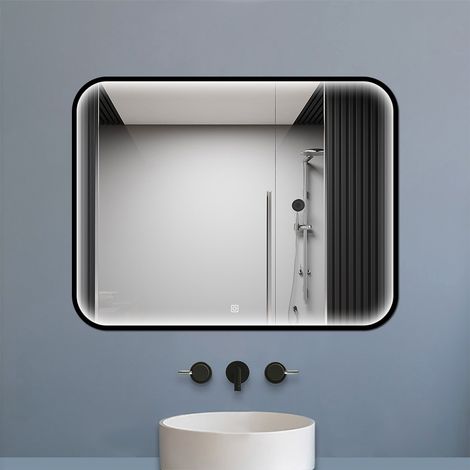 SKY 90x70cm Wall-Mounted Black Aluminium Frame Bathroom Mirror with Front-lit LED lights,Anti-Fog,Dimmable 3 Colors,Memory Function (1/5)