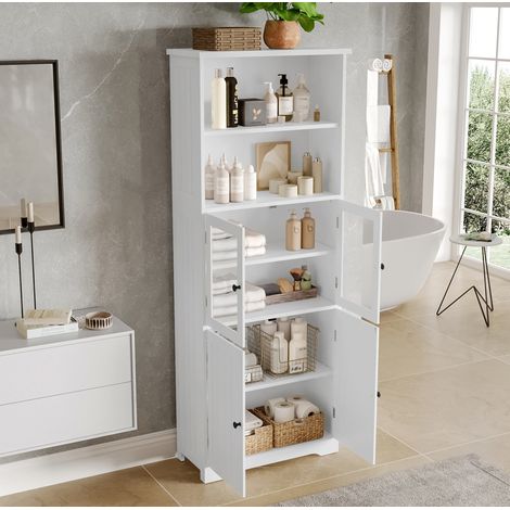 Colonne de salle de bain moderne en MDF blanc 57,5 x 28,5 x 160 cm, 4 portes, 2 niches ouvertes, étagères réglables (1/5)