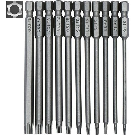 Jeu de 11 embouts longs Torx pour tournevis et visseuse électrique - Embouts magnétiques - Tige hexagonale de 1/4" - Tailles T6 à T40 - Longueur 100 mm (1/5)