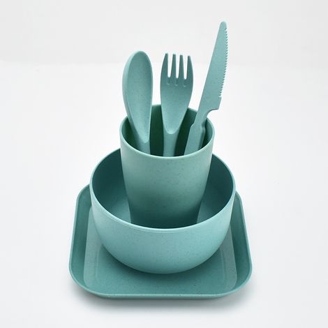 Service de table complet bleu, assortiment de couverts et vaisselle, kit repas en céramique, ensemble de 24 pièces, style moderne, idéal pour dîners et usage quotidien. (1/5)