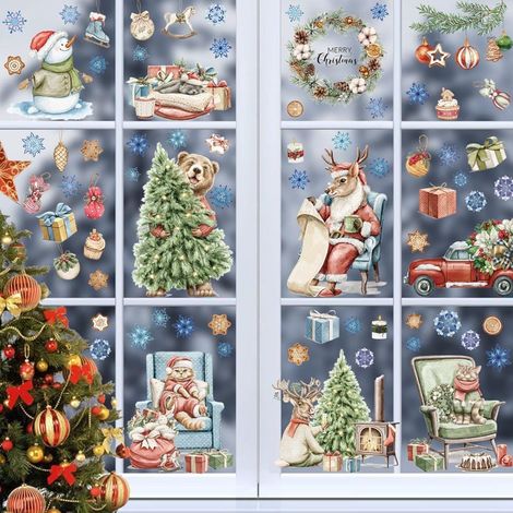 9 Feuilles Stickers Noel Fenetre, 87 Pcs Autocollant Noel Fenetre de Animaux, Decoration Noel, Stickers Fenetre Réutilisable, PVC Vitrail Autocollant Fenetre pour Maison Magasin Bureau (1/5)