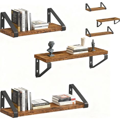 Relaxdays Wandregal, 6er Set, 3 Größen: 30, 35, 40 cm Breite, Holzoptik & Metall, Wandbretter für Bücher & Deko, braun