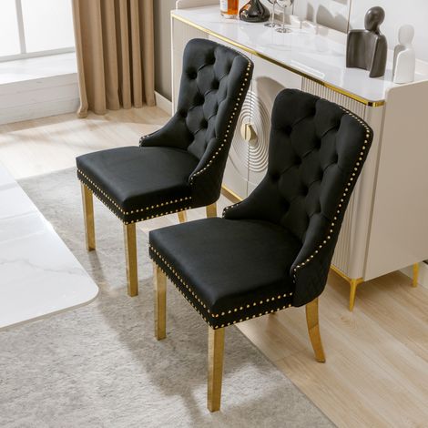 Lot de 2 Fauteuils en Velours Noir et Or, Dossier à Anneaux Ronds Uniques, Siège Rembourré à Clous Dorés, Pieds en Acier Inoxydable Doré, pour Cuisine, Salon ou Salle à Manger