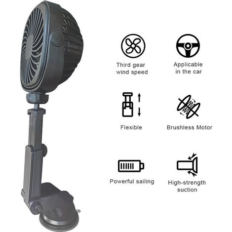 Autoventilator mit Saugnapf, USB-wiederaufladbarer Wandventilator, USB-Ventilator mit 360°-Drehung