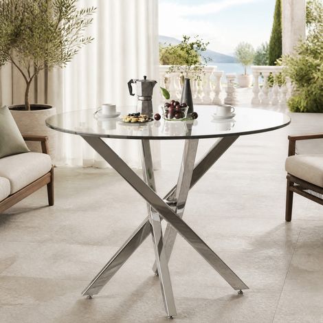 Tavolo da pranzo rotondo 80 x 80 x 75 cm in vetro temperato, gambe metalliche argentate DESVIAE (1/5)