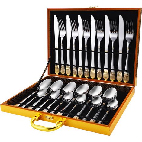 (Ensemble de 24 pièces - partiellement doré) Coffret cadeau de couverts en acier inoxydable plaqué or comprenant couverts, fourchettes et cuillères (1/5)