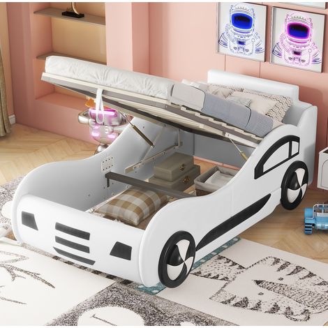 Lit enfant voiture moderne PU blanc 90x200 cm avec tête de lit fenêtre, sommier à lattes et coffre de rangement (1/5)