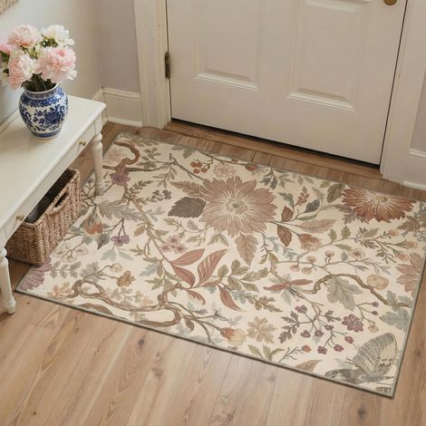 Tapis Entree Interieur Vintage 60x90cm Lavable en Machine AntidéRapant Poil Ras, pour Chambre Salle a Manger Descente de Lit Bureau, Cuisine,Jardin Antique Crème Terre Cuite (1/5)