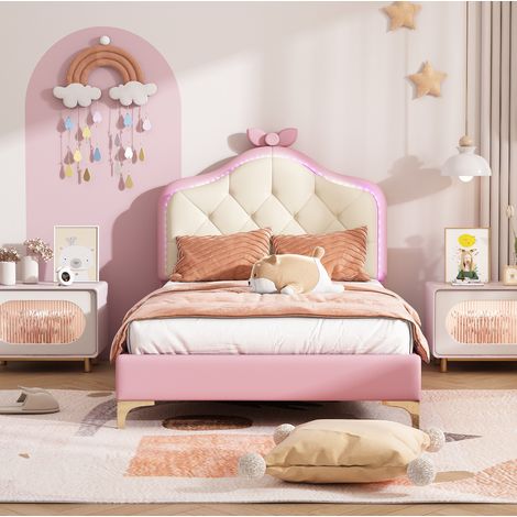 MEUBLIV Letto 90x200 cm rosa e bianco con LED multicolore, testiera ondulata, senza materasso (1/5)