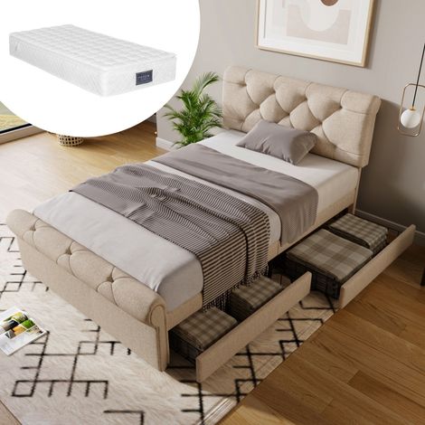Lit Simple 90x200cm Chesterfield Naturel , Tête de Lit Réglable et 2 Tiroirs de Rangement (avec matelas) (1/5)
