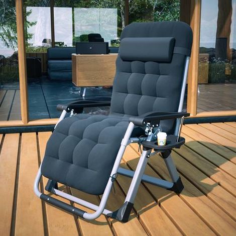 BIRCHTREE Sun Recliner Adjustable Folding Lounge With Thick Cushion Cup Drink Holder Head Rest Patio Deck Chairs Black (1/5)