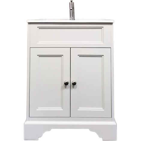 Meuble sous vasque à poser DOLIANA 60 cm Blanc mat plan céramique poignées zinc