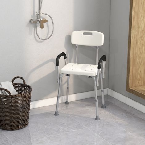 HOMCOM Chaise de Douche siège de Douche Ergonomique Hauteur réglable Pieds antidérapants Dossier accoudoirs Amovibles Charge Max. 136 Kg alu HDPE Blanc