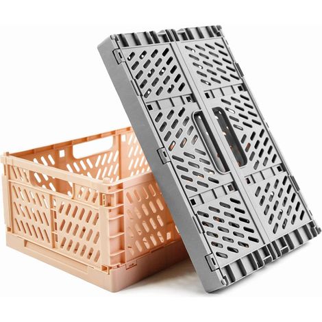 Lot de 2 Caisses Rangement Pliable Cagettes Plastique Empilable Caisse Pliante avec Poignée pour Cuisine, Chambre à Coucher, Bureau(rose+gris, 30 x 20 x 12 cm) (1/5)