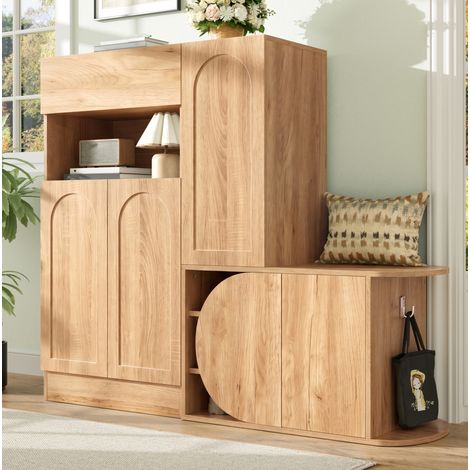 Schuhschrank mit Sitzbank, 1 Schublade, 5 Türen, offenem Fach, MDF, Natur, 130 x 35 x 110,5 cm (1/5)