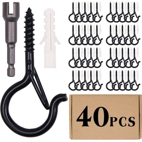 40 ganchos de tornillo para colgar，ganchos de tornillo resistentes con hebilla de seguridad，ganchos de techo de metal negro para colgar plantas (1/5)