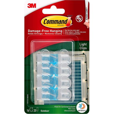 Command Clip per luci decorative per esterni, 16 mini ganci e 20 piccole strisce adesive, trasparenti, clip per appendere decorazioni e luci per esterni – da appendere senza danni (1/5)