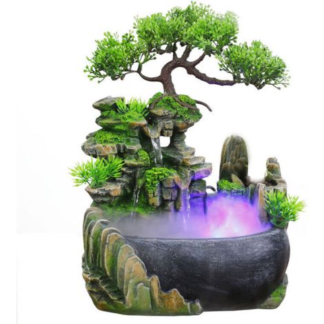 Fontaine d'intérieur avec Eclairage Plantes et Pierres Décoratives Fontaine Décorative d'intérieur Fontaine Zen de Table avec Lumière LED Fontaine Feng Shui pour Maison, Bureau