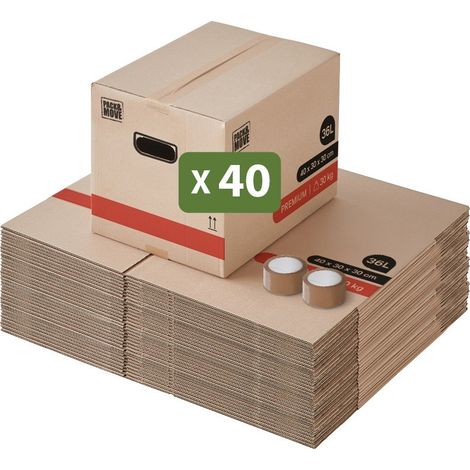 Pack and Move - Lot 40 Cartons Déménagement Livres Premium - 40 X 30 X 30 Cm - Extrême Résistance 30 KG - Poignées Renforcées - 2 Adhésifs Offerts