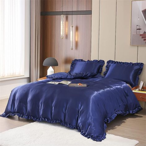 Bettwäsche-Set 155x220cm 2-teilig Satin Dunkelblau mit Rüschen