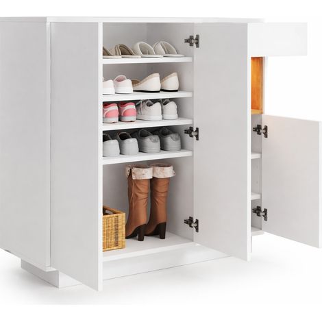 Meuble à chaussures LED 16 couleurs avec étagères réglables, tiroirs et rangement ouvert, blanc et bois clair, 105 cm – CHICFURN (1/5)
