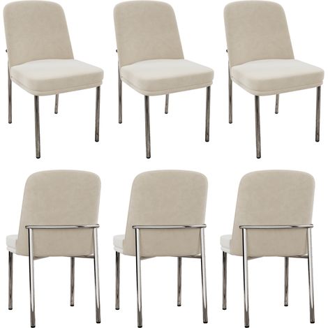 Lot de 6 chaises de salle à manger en velours beige avec coussins épais et structure en métal argenté galvanisé (1/5)