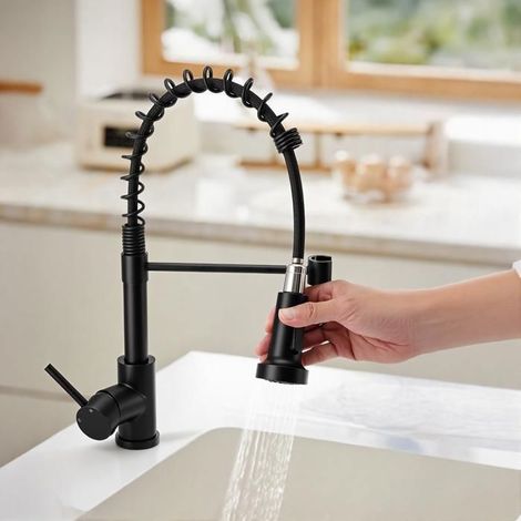 Mitigeur de cuisine avec douchette extractible – 2 jets – Bec haut pivotant à 360° – Inox 304 – Noir – Home Nature Wohnkonzept (1/5)