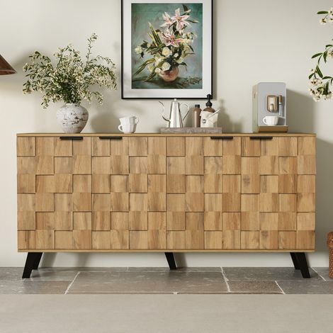 Sideboard en panneaux de particules décor bois, 160,5 x 35,5 x 78 cm, 4 portes, étagères réglables, poignées noires (1/5)