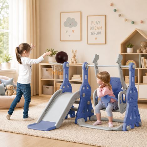 Toboggan pour enfants 140×118×102cm,hauteur de balançoire réglable,toboggan 4 en 1,échelle d'escalade,toboggan de jardin, panier de basket,style moderne,pour intérieure et extérieure,PEHD,Bleu (1/5)