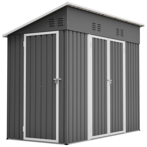 Caseta metálica de 1,2 x 2,4 m con dos puertas, cobertizo adosado para exteriores, caseta de jardín para herramientas, apta para jardín, patio y terraza, color gris. (1/5)