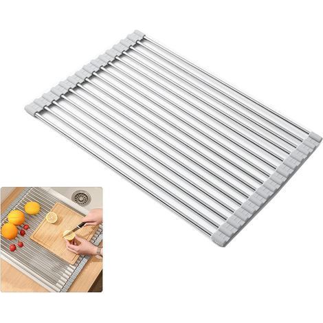 TAISHENGDA-Séchoir À Vaisselle Roll-Up, 100% sans BPA Pliable évier égouttoirs idéal pour Les Fruits, légumes, Assiette, Silicone recouvert d'acier Inoxydable, 37x26cm Gris (1/5)