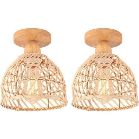 2pcs Rétro Plafonnier en Bois et Bambou Lustre Industriel E27 Luminaire Abat-Jour Design Spirale Cage pour Entrée Couloir (1/5)