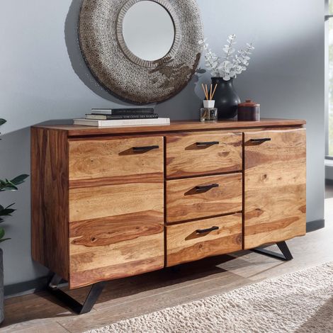 Buffet 2 portes et 3 tiroirs 145x45x82 cm en sheesham et métal (1/5)