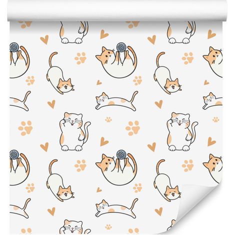 Papier peint chats blanc, gris clair et crème pour salon et chambre 50x1000 cm (1/5)