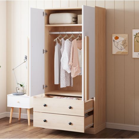 Armadio 70x40x170 cm bianco e legno in legno con doppie ante, 2 cassetti e vano portaoggetti (1/5)