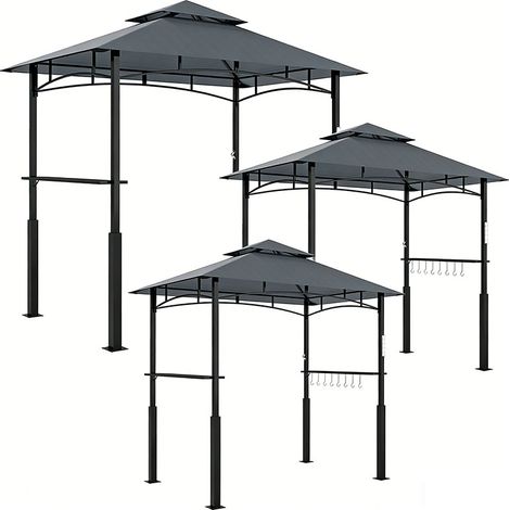 3er-Set  grillpavillon mit LED 243 x 148 x 248 cm wasserdicht flammhemmend Gartenpavillon mit Doppeldach,Seitenregalen, Gartenlauben mit UV-Schutz, BBQ Pavillon aus Metall Grillzelt für Party BBQ Grau