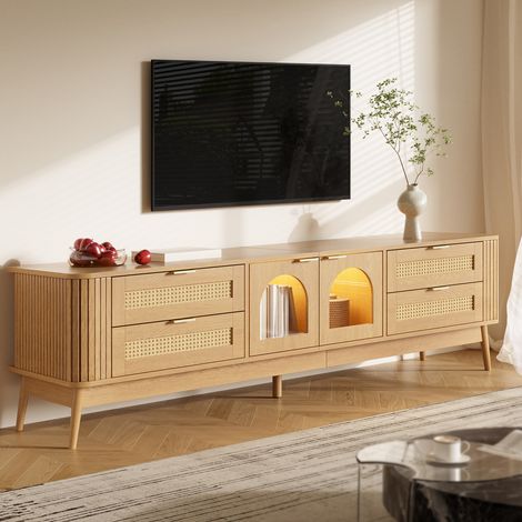 Meuble TV 180 cm avec Portes Vitrées en Arche, Éclairage LED par App, 4 Tiroirs Façade Cannage, Pieds Bois Massif, Grand Meuble de Salon Cannage Rétro - Nature (1/5)
