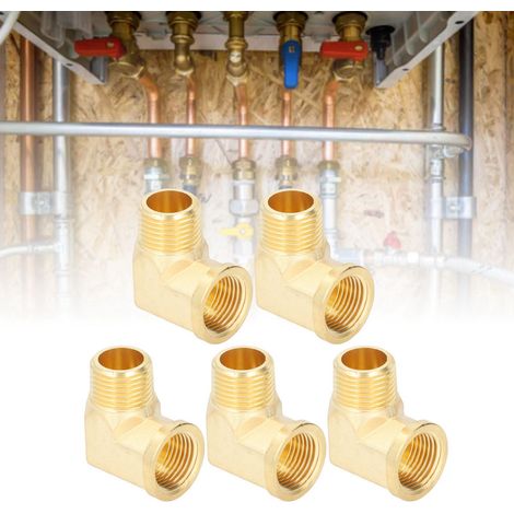 Satz von 5 90°-Winkelstücken aus massivem, geschmiedetem Messing, Rohrverschraubung, 1/2" NPT Außengewinde auf 1/2" NPT Innengewinde. (1/5)