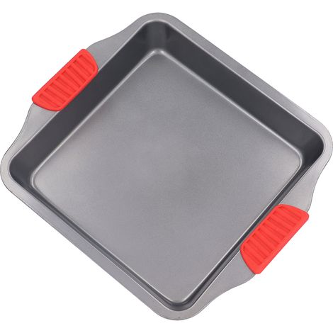 Plaque de cuisson en acier au carbone avec poignées silicone rouge, revêtement antiadhésif, design surélevé et lavable au lave-vaisselle - Moule carré pour four (1/5)